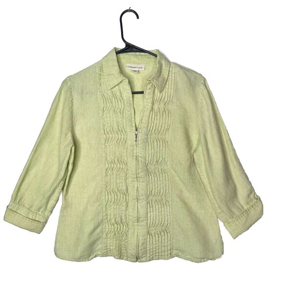 100% Linen Pintuck Zip Blouse Light Green PM Coastal Cottagecore Lagenlook - Picture 1 of 9
